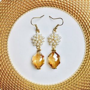 New! Amber glass & pearl drop earrings
